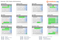 Kalender 2021 mit Ferien und Feiertagen Baden-Württemberg