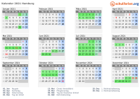 Kalender 2021 mit Ferien und Feiertagen Hamburg