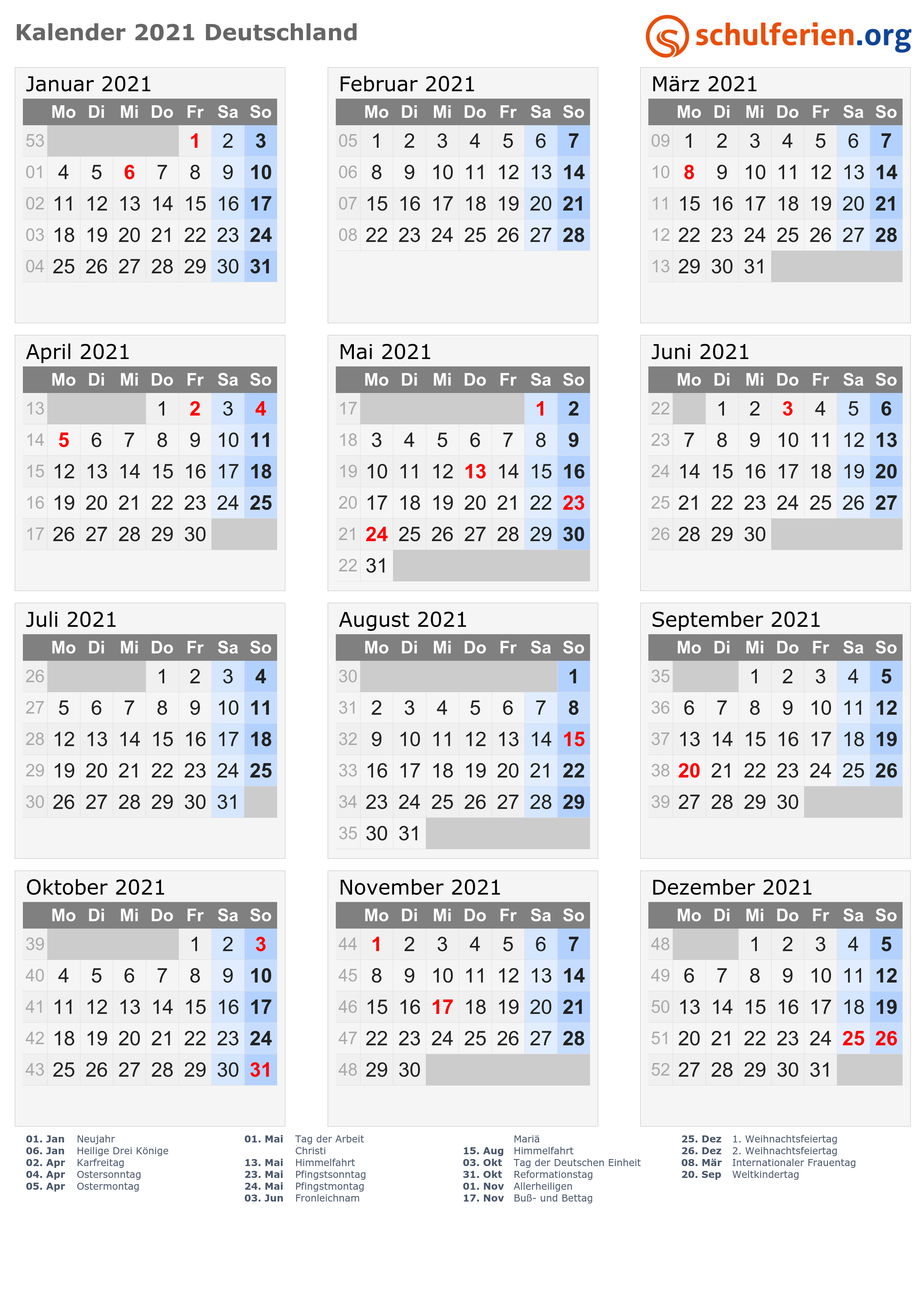 Kalender Deutschland 2021 Mit Feiertage