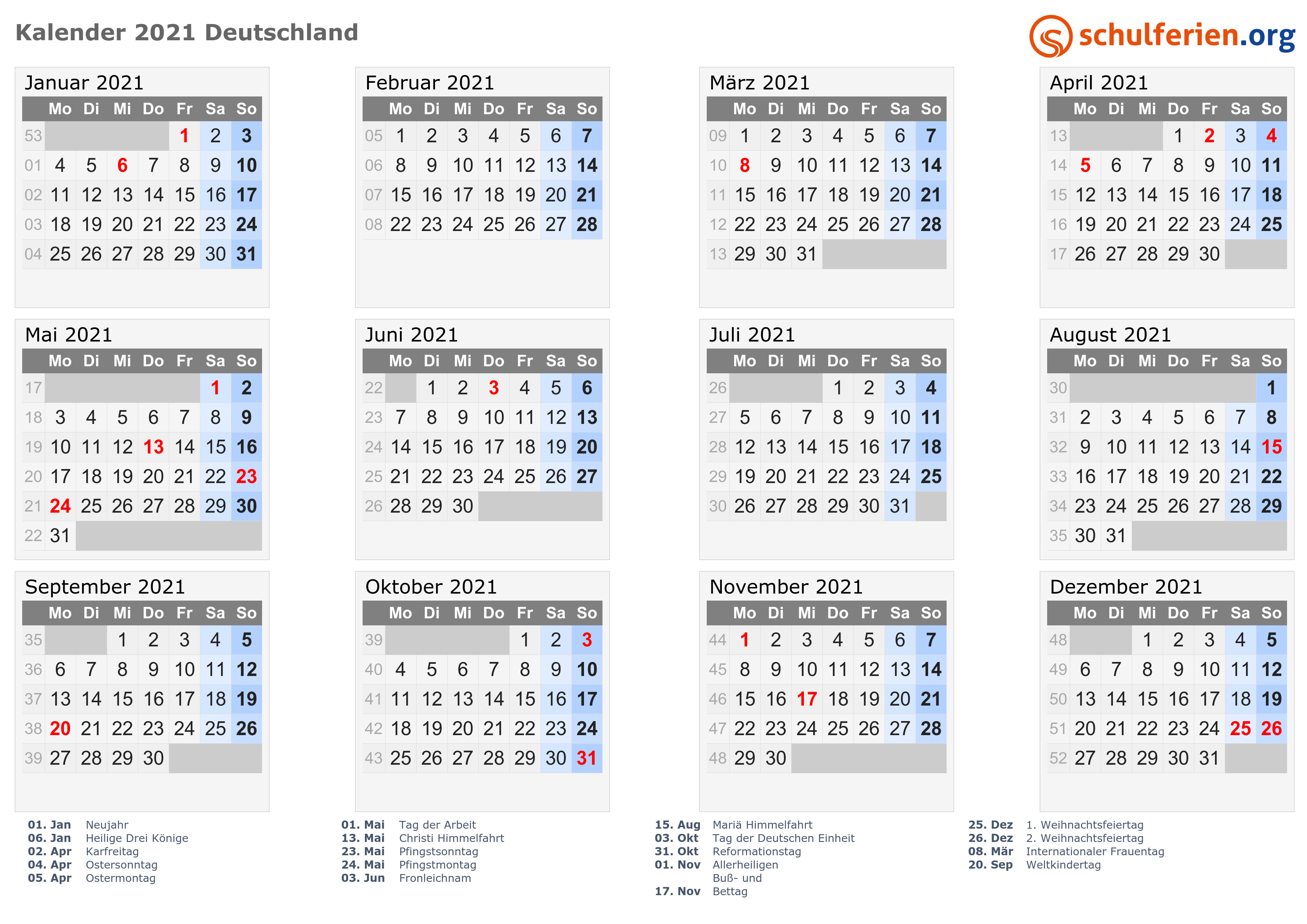 Kalender Deutschland 21 mit Feiertage