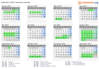 Kalender 2021 mit Ferien und Feiertagen Sachsen-Anhalt