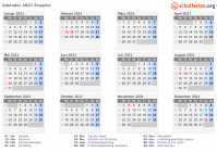 Kalender 2021 mit Ferien und Feiertagen Ecuador