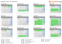 Kalender 2021 mit Ferien und Feiertagen Aix-Marseille