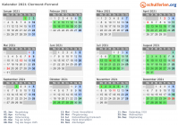 Kalender 2021 mit Ferien und Feiertagen Clermont-Ferrand