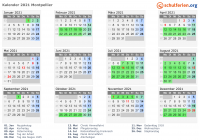Kalender 2021 mit Ferien und Feiertagen Montpellier