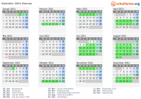 Kalender 2021 mit Ferien und Feiertagen Rennes