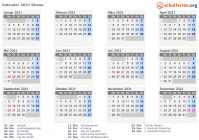 Kalender 2021 mit Ferien und Feiertagen Ghana