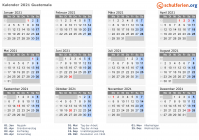 Kalender 2021 mit Ferien und Feiertagen Guatemala