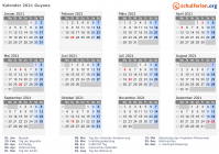Kalender 2021 mit Ferien und Feiertagen Guyana