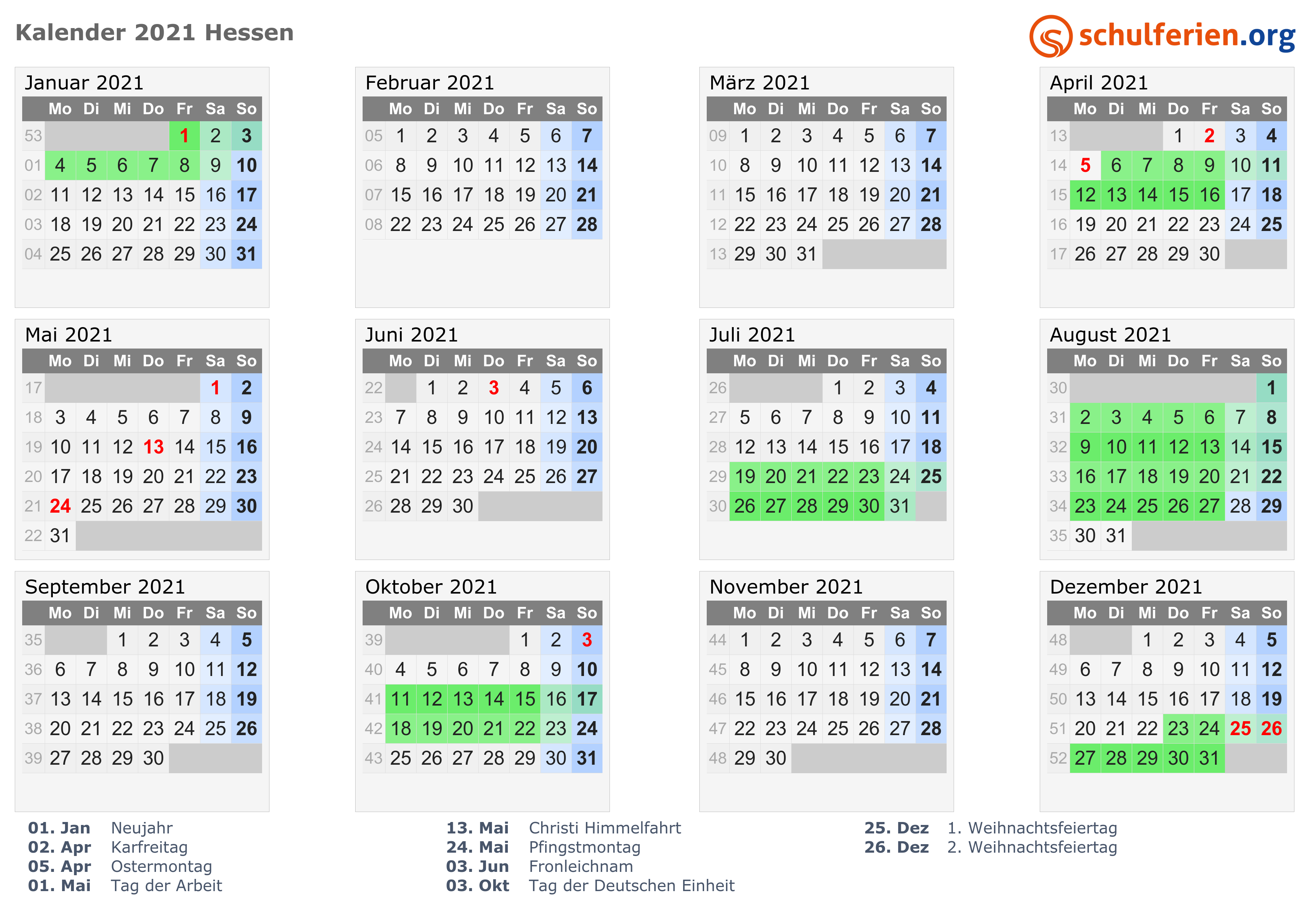 Kalender 2021 + Ferien Hessen, Feiertage