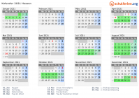 Kalender 2021 mit Ferien und Feiertagen Hessen