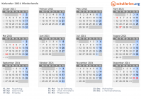 Kalender 2021 mit Ferien und Feiertagen Niederlande