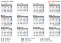 Kalender 2021 mit Ferien und Feiertagen Island