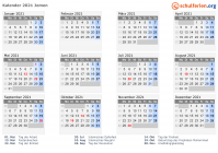 Kalender 2021 mit Ferien und Feiertagen Jemen