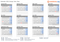 Kalender 2021 mit Ferien und Feiertagen Kongo, Dem. Rep.