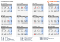 Kalender 2021 mit Ferien und Feiertagen Liberia