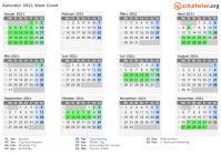 Kalender 2021 mit Ferien und Feiertagen West Coast