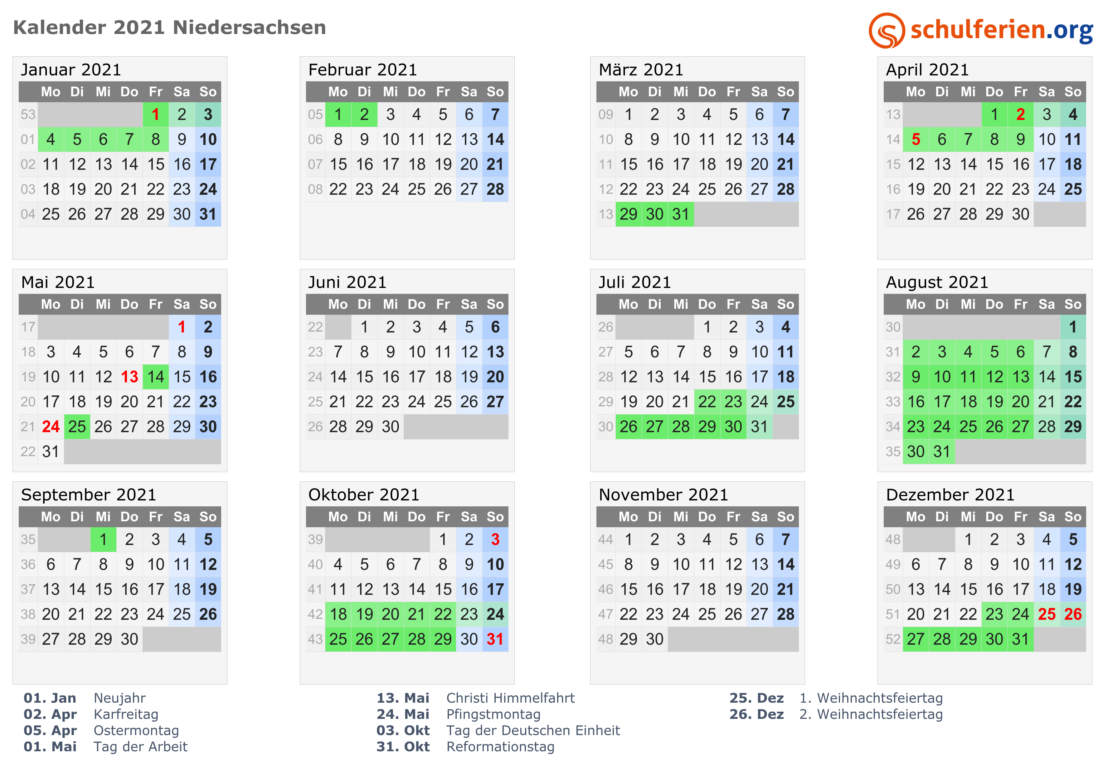 Kalender 2021 + Ferien Niedersachsen, Feiertage