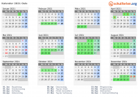 Kalender 2021 mit Ferien und Feiertagen Oslo
