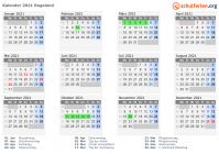Kalender 2021 mit Ferien und Feiertagen Rogaland