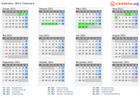 Kalender 2021 mit Ferien und Feiertagen Telemark