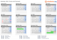 Kalender 2021 mit Ferien und Feiertagen Troms und Finnmark