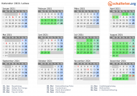 Kalender 2021 mit Ferien und Feiertagen Lebus