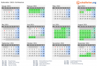 Kalender 2021 mit Ferien und Feiertagen Schlesien