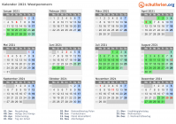 Kalender 2021 mit Ferien und Feiertagen Westpommern