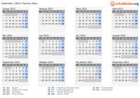 Kalender 2021 mit Ferien und Feiertagen Puerto Rico