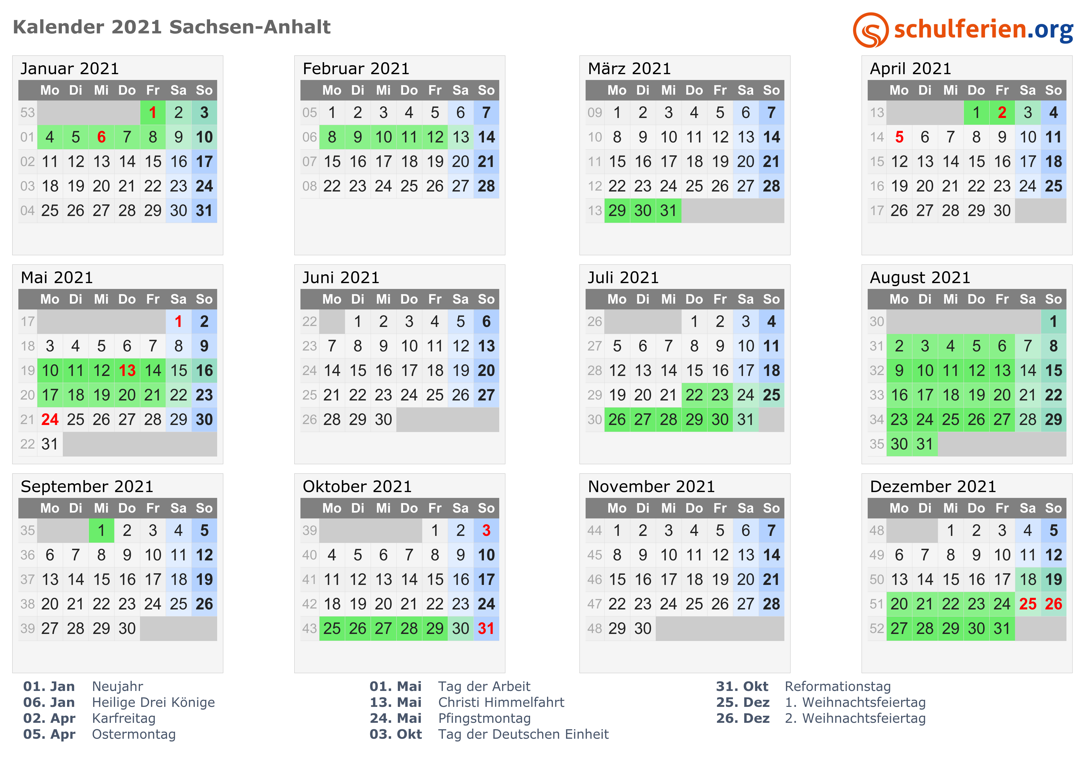 Kalender 2021 + Ferien Sachsen-Anhalt, Feiertage