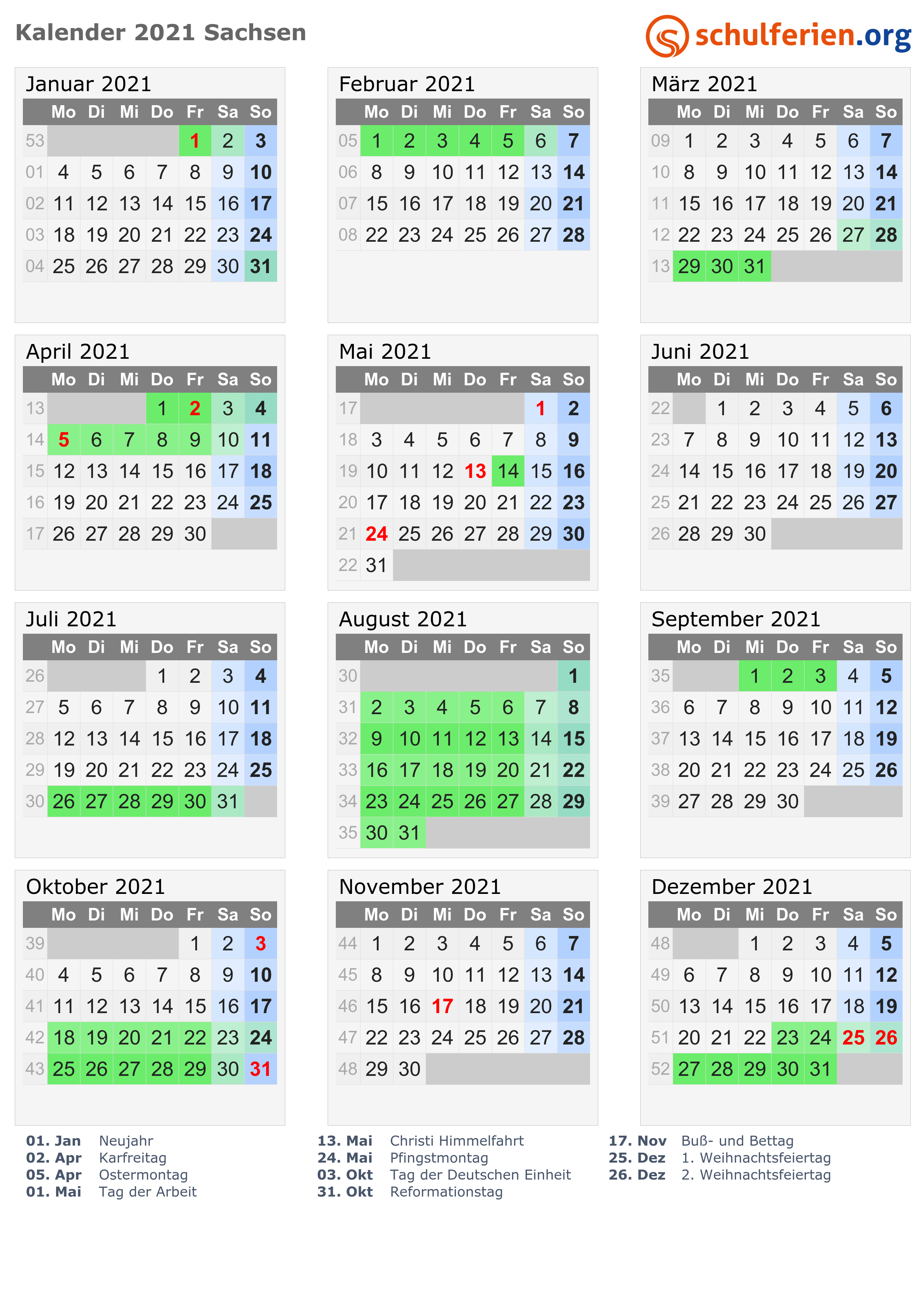 Kalender 2021 Ferien Sachsen Feiertage