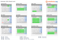 Kalender 2021 mit Ferien und Feiertagen Basel-Land