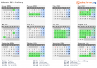 Kalender 2021 mit Ferien und Feiertagen Freiburg
