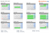 Kalender 2021 mit Ferien und Feiertagen Genf