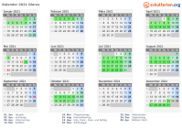 Kalender 2021 mit Ferien und Feiertagen Glarus