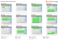 Kalender 2021 mit Ferien und Feiertagen Graubünden
