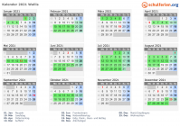 Kalender 2021 mit Ferien und Feiertagen Wallis