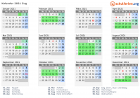 Kalender 2021 mit Ferien und Feiertagen Zug