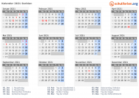 Kalender 2021 mit Ferien und Feiertagen Serbien