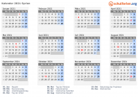 Kalender 2021 mit Ferien und Feiertagen Syrien