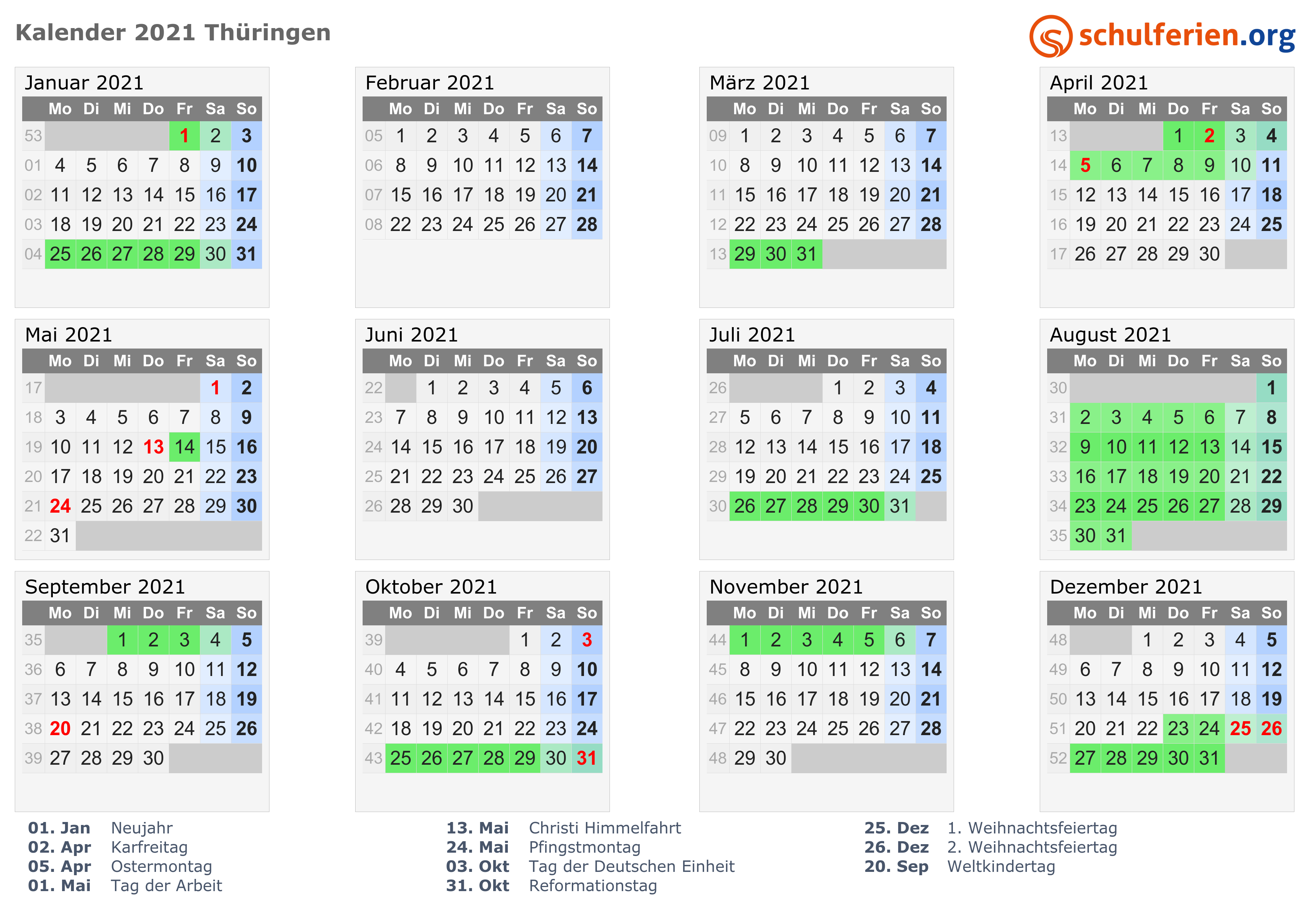 Kalender 2021 + Ferien Thüringen, Feiertage