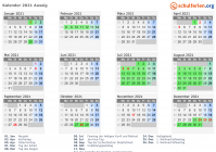 Kalender 2021 mit Ferien und Feiertagen Aussig