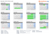 Kalender 2021 mit Ferien und Feiertagen Brünn-Land