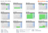 Kalender 2021 mit Ferien und Feiertagen Göding