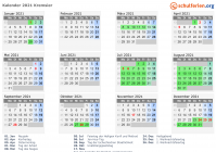 Kalender 2021 mit Ferien und Feiertagen Kremsier
