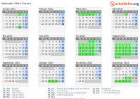 Kalender 2021 mit Ferien und Feiertagen Prerau