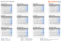 Kalender 2022 mit Ferien und Feiertagen Algerien