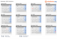 Kalender 2022 mit Ferien und Feiertagen Andorra