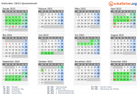 Kalender 2022 mit Ferien und Feiertagen Queensland
